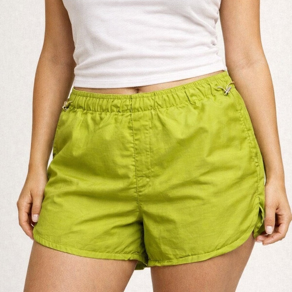 Happily Grey Neon Green Nylon Athletic Shorts Womens L Adjustable Waist 40”